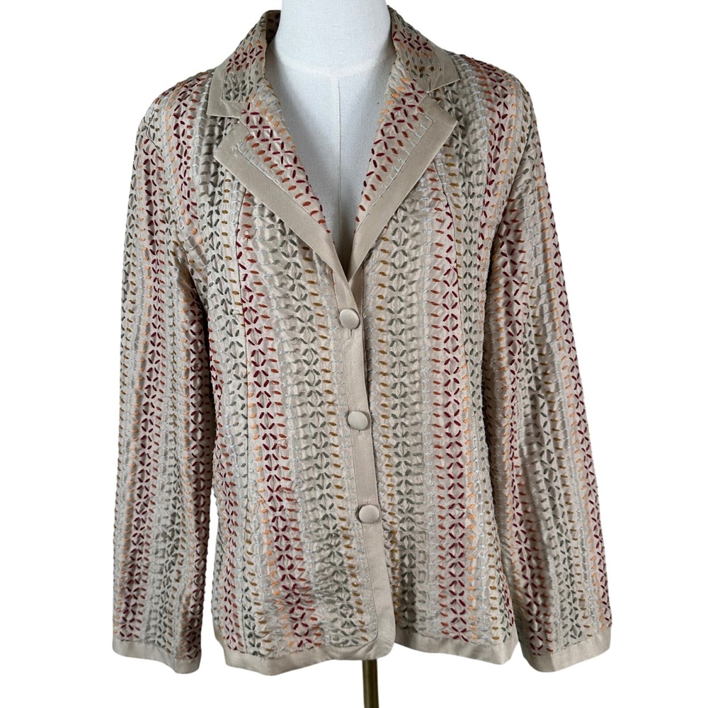Chicos Blazer Women 2 Fits L Beige 100% Silk All Over Embroidered Boho Jacket